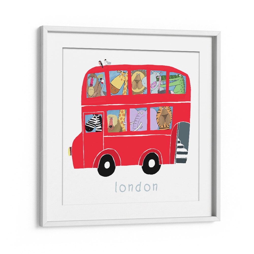 Red London Bus With Jungle Animals By Carla Daly Kids Room Art in White Frame With Mount