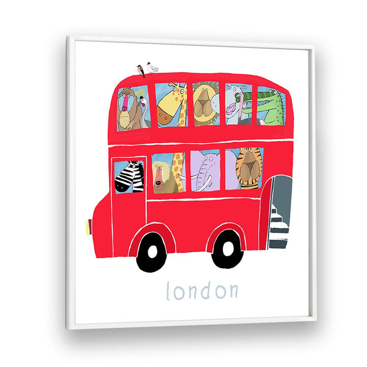 Red London Bus With Jungle Animals By Carla Daly Kids Room Art in White Plain Frame