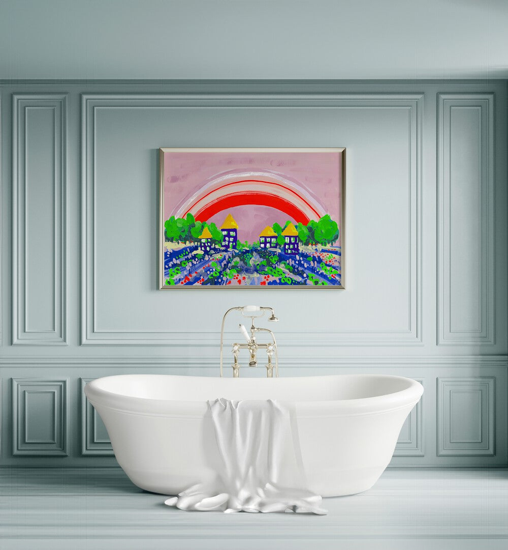 Red Rainbow By Ania Zwara Kids Room Paintings Kids Room Wallart in Gold Plain Frame placed on a Light Blue Colored Wall near a Bathtub in the Bathroom