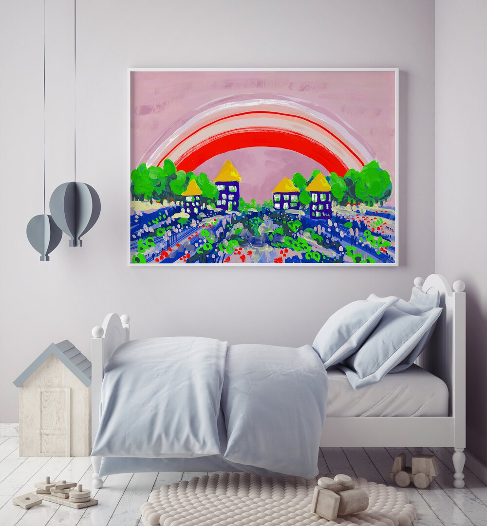 Red Rainbow By Ania Zwara Kids Room Paintings Kids Room Wallart in White Plain Frame placed on a Light Purple Colored Wall near a Bed in the Kids Room