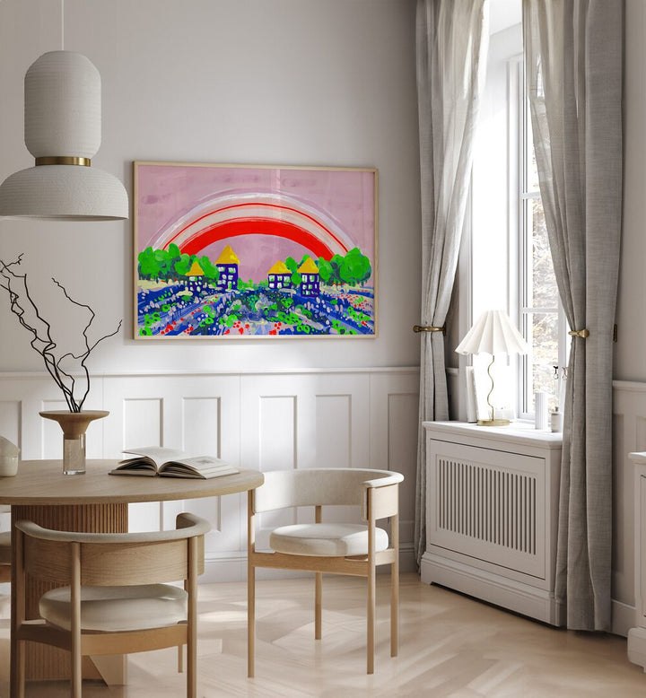 Red Rainbow By Ania Zwara Kids Room Paintings Kids Room Wallart in Oak Wood Plain Frame placed on a White Colored Wall near a Coffee Table in the Dining Room