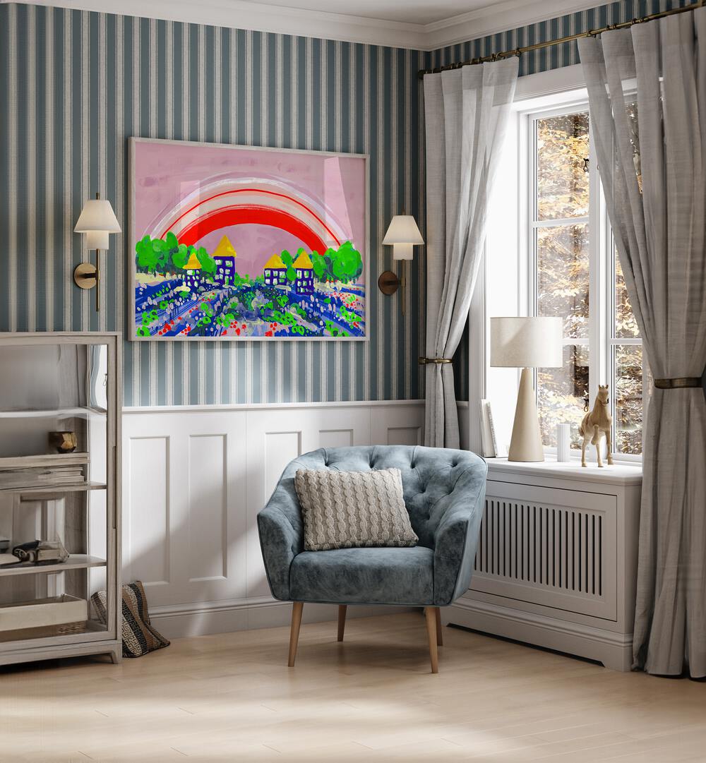 Red Rainbow By Ania Zwara Kids Room Paintings Kids Room Wallart in Oak Wood Plain Frame placed on a Blue & White Striped Colored Wall in the Drawing Room