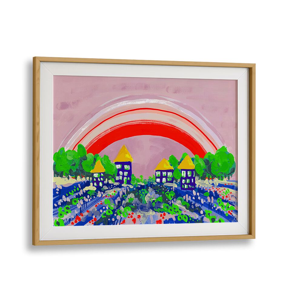 Red Rainbow By Ania Zwara Kids Room Paintings Kids Room Wallart in Oak Wood Frame With Mount