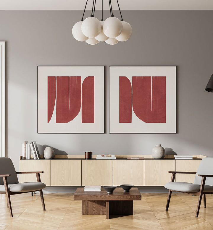 Modern living room with abstract art, furniture, and decor.