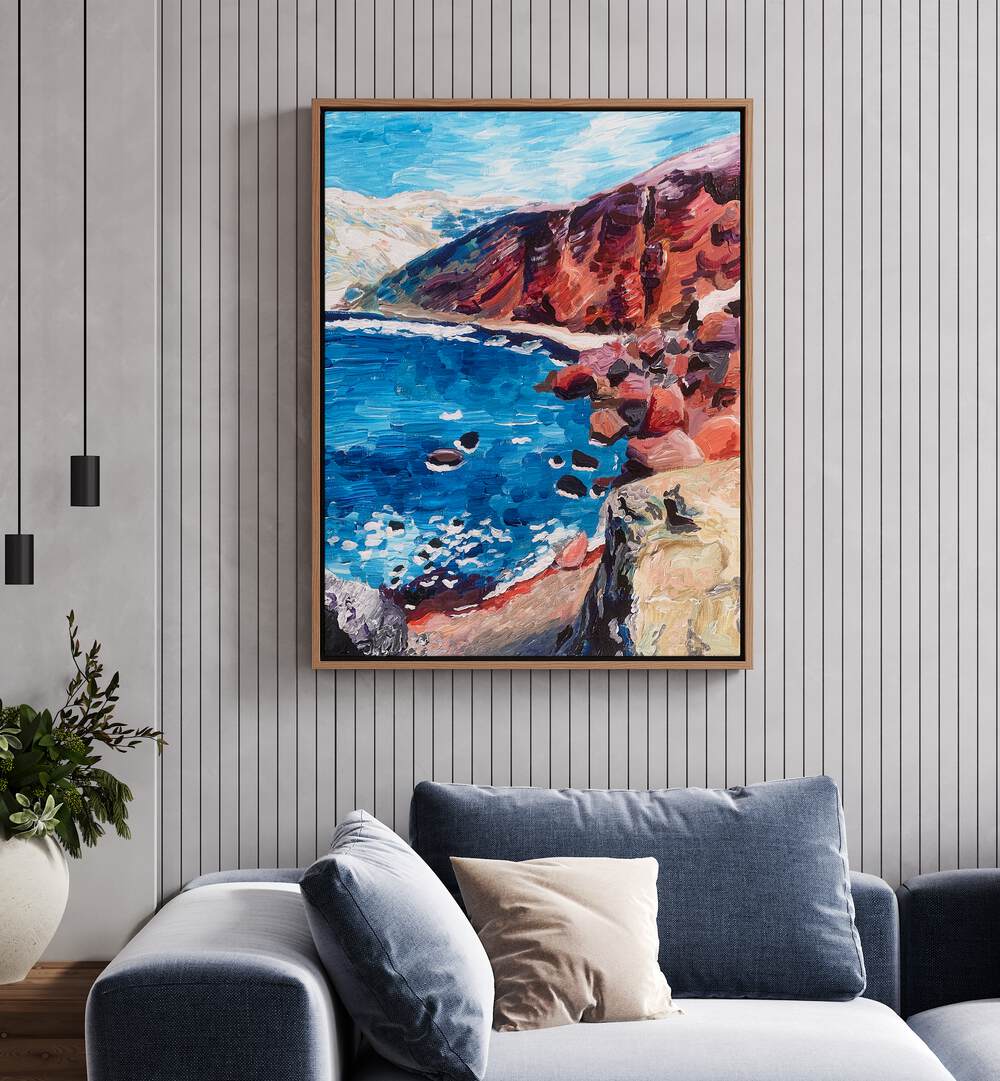 Red Sand Beach By Key And Sea Creative Art Print in Oak Wood Floater Frame behind a sofa on a white wall