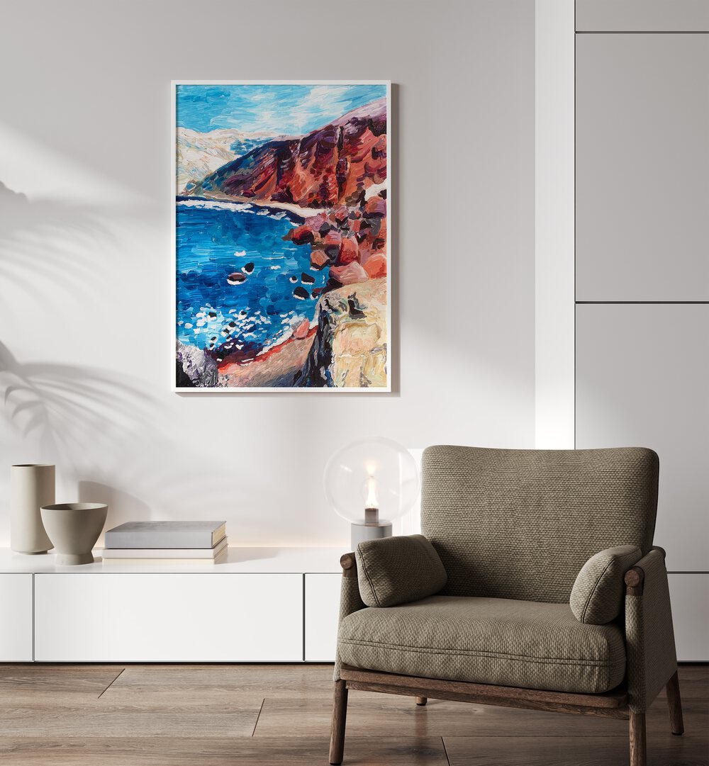 Red Sand Beach By Key And Sea Creative Art Print in White Plain Frame on a white wall above a console table 