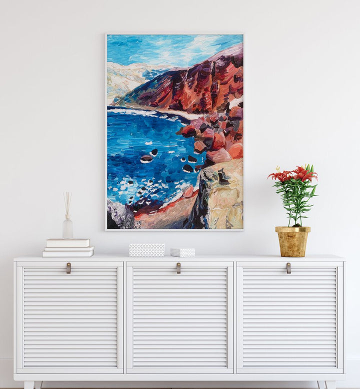 Red Sand Beach By Key And Sea Creative Art Print in White Plain Frame on a white wall above a console table