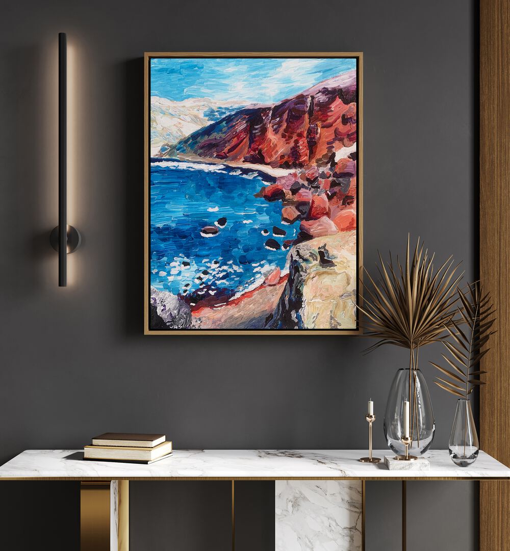 Red Sand Beach By Key And Sea Creative Art Print in Oak Wood Floater Frame above a table beside a lamp