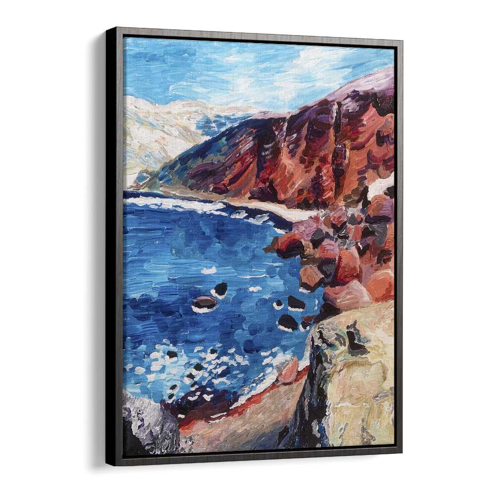 Red Sand Beach By Key And Sea Creative Art Print in Black Floater Frame