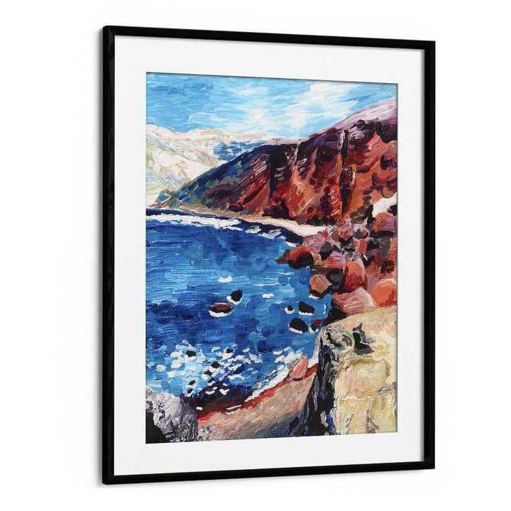 Red Sand Beach By Key And Sea Creative Art Print in Black Frame With Mount