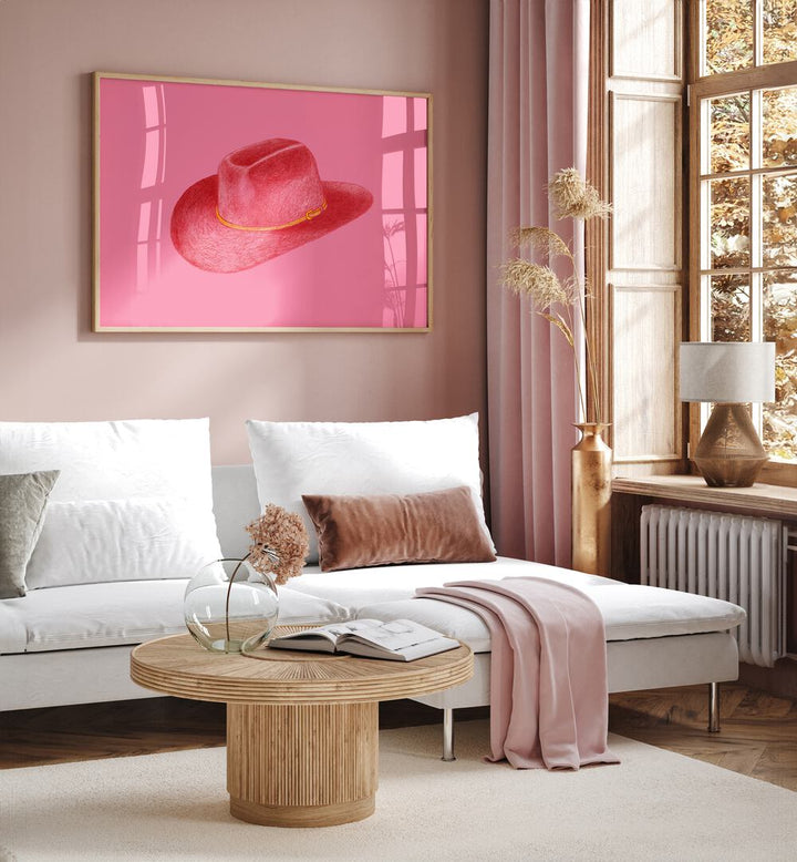 Red Stetson On Pink Fashion Paintings Fashion Posters in Oak Wood Plain Frame placed on a Pink Colored Wall near a White Sofa in the Living Room