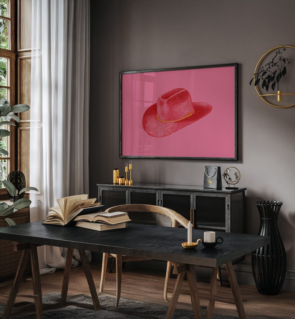 Red Stetson On Pink Fashion Paintings Fashion Posters in Black Plain Frame placed on a Dark Grey Colored Wall near a Workspace in the Drawing Room