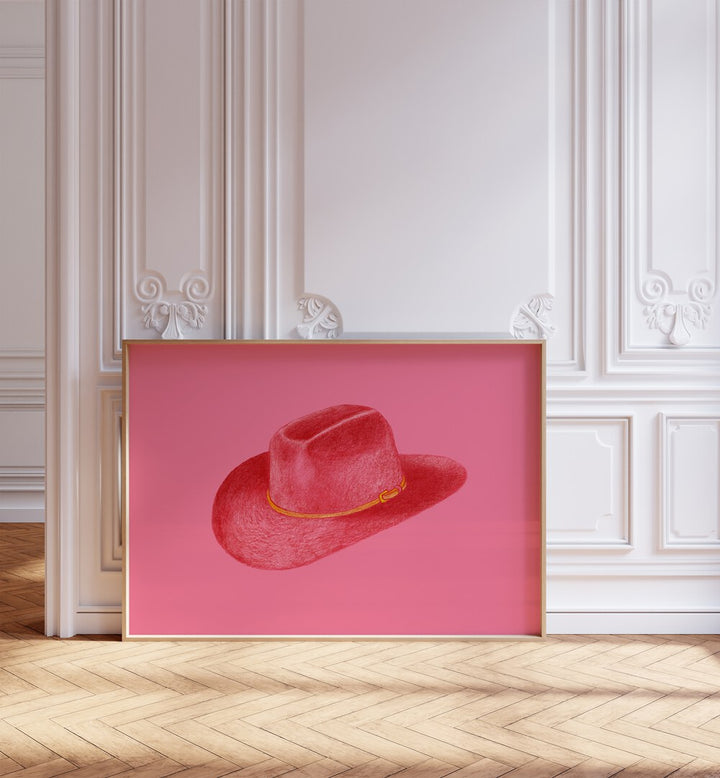 Red Stetson On Pink Fashion Paintings Fashion Posters in Oak Wood Plain Frame placed on the floor near a White Colored Wall in the Alley Way