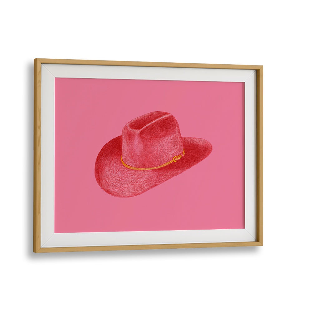 Red Stetson On Pink Fashion Paintings Fashion Posters in Oak Wood Frame With Mount