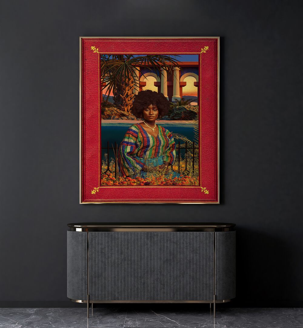 Regal By Cosmo Zach Surreal Art Prints Surrealism in Oak Wood Plain Frame placed on a wall behind a console table