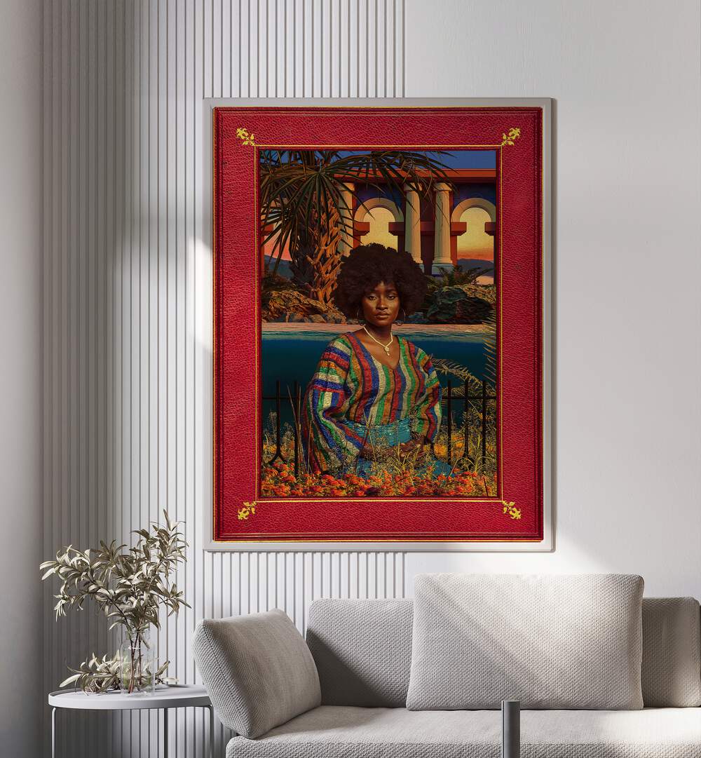 Regal By Cosmo Zach Surreal Art Prints Surrealism in White Plain Frame placed on a wall behind a sofa