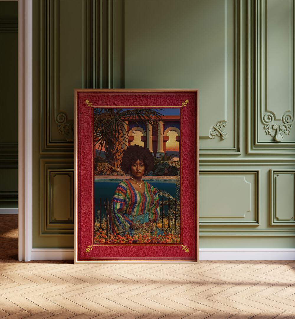 Regal By Cosmo Zach Surreal Art Prints Surrealism in Oak Wood Plain Frame placed on the floor beside a window