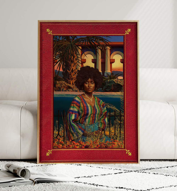 Regal By Cosmo Zach Surreal Art Prints Surrealism in Oak Wood Plain Frame placed on the floor beside a sofa