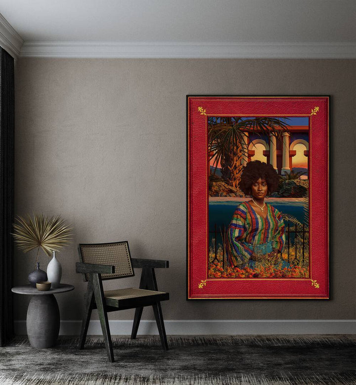 Regal By Cosmo Zach Surreal Art Prints Surrealism in Black Plain Frame placed on the wall beside a chair