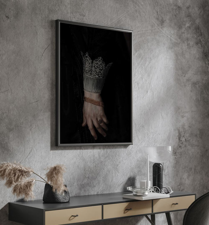 Regal Grasp The Royal Gothic Hand Gothic Art Prints in Black Plain Frame hanging on wall above console table.