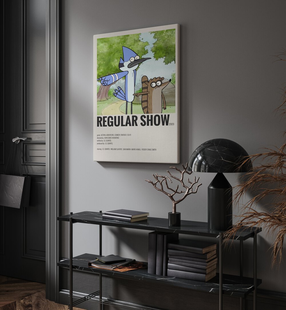 Regular Show Movie Posters in Gallery Wrap placed on a wall behind a table and beside a door