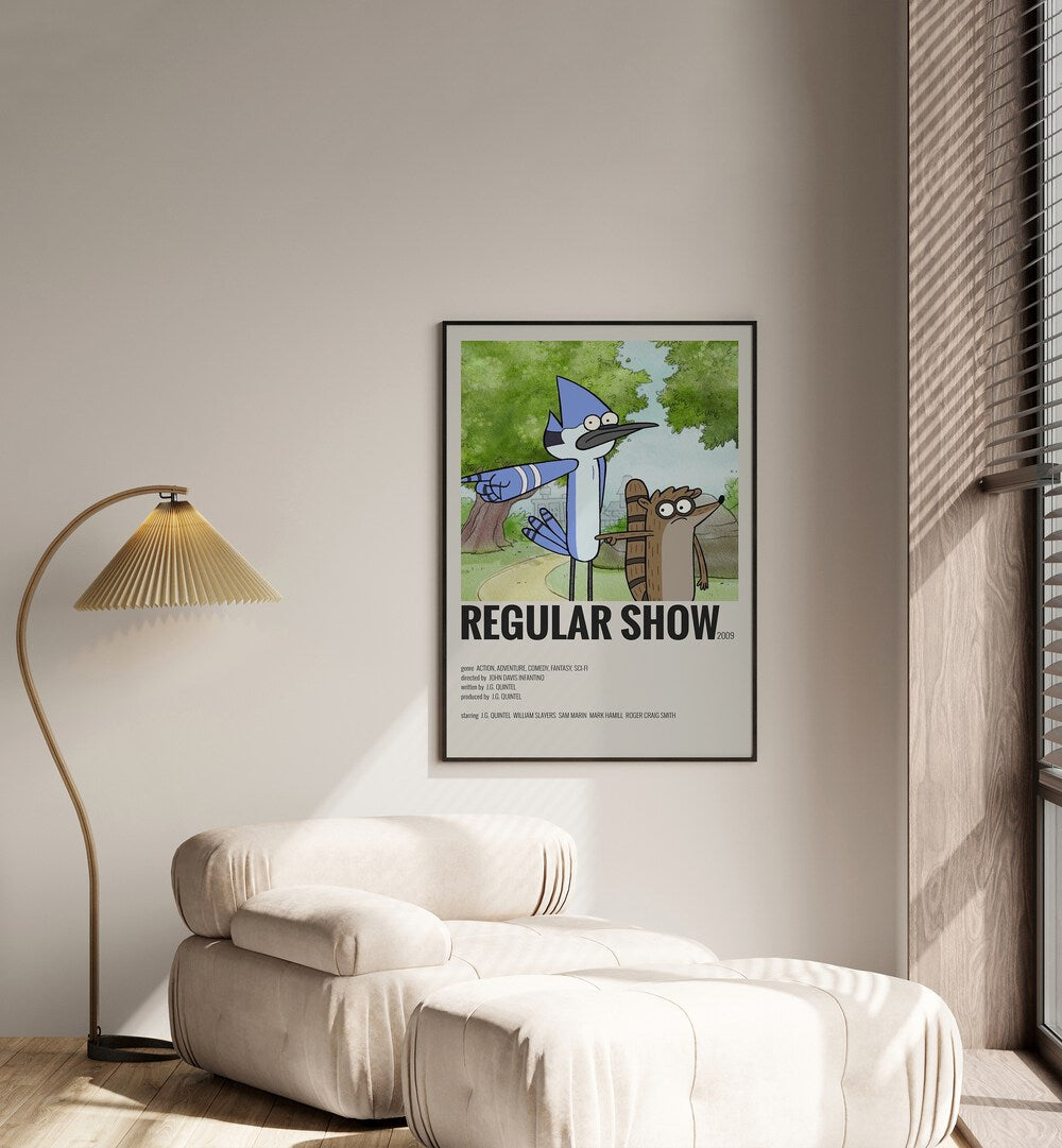 Regular Show Movie Posters in Black Plain Frame placed on a white wall beside a window and behind a sofa