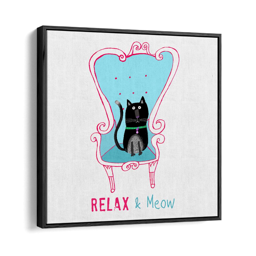 Relax And Meow Funny Black Cat Sitting On A Armchair By Carla Daly Kids Room Art in Black Floater Frame