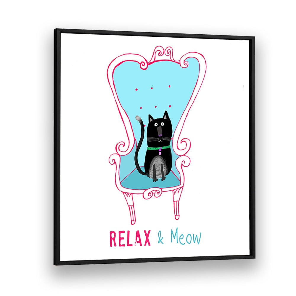 Relax And Meow Funny Black Cat Sitting On A Armchair By Carla Daly Kids Room Art in Black Plain Frame