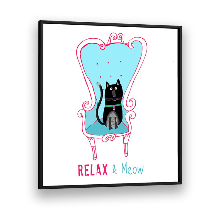 Relax And Meow Funny Black Cat Sitting On A Armchair By Carla Daly Kids Room Art in Black Plain Frame