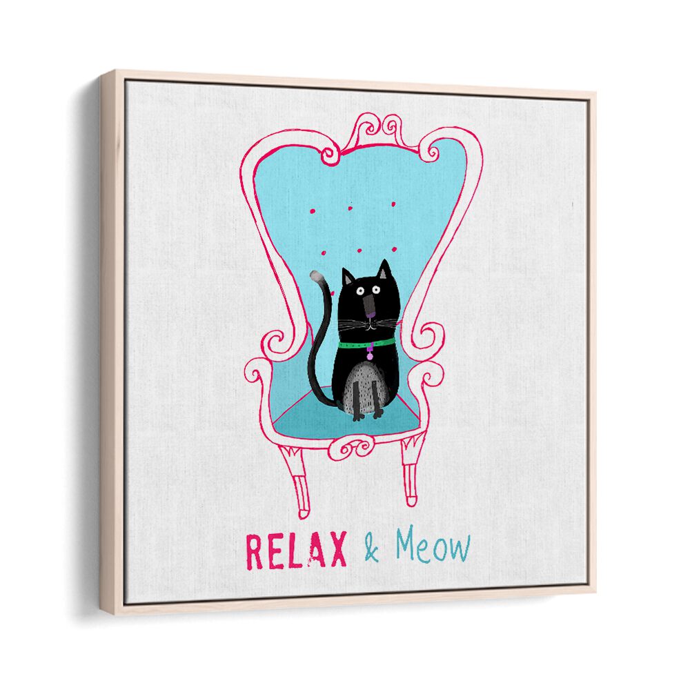 Relax And Meow Funny Black Cat Sitting On A Armchair By Carla Daly Kids Room Art in Oak Wood Floater Frame