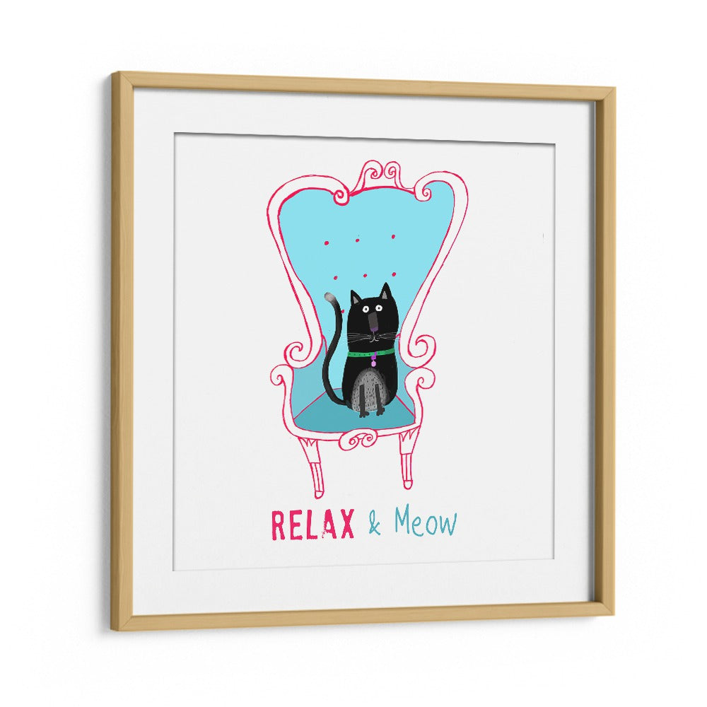 Relax And Meow Funny Black Cat Sitting On A Armchair By Carla Daly Kids Room Art in Oak Wood Frame With Mount