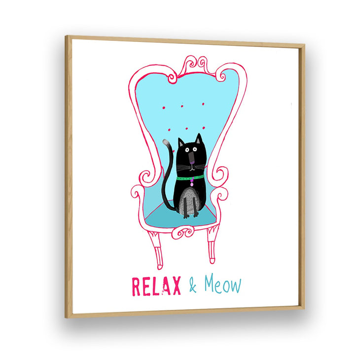 Relax And Meow Funny Black Cat Sitting On A Armchair By Carla Daly Kids Room Art in Oak Wood Plain Frame