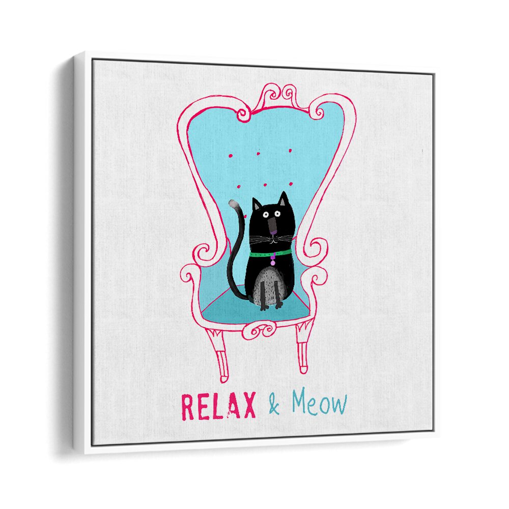 Relax And Meow Funny Black Cat Sitting On A Armchair By Carla Daly Kids Room Art in White Floater Frame