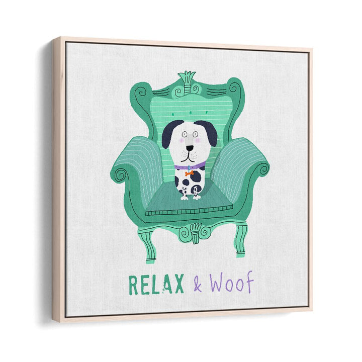 Relax And Woof By Carla Daly Kids Room Art in Oak Wood Floater Frame