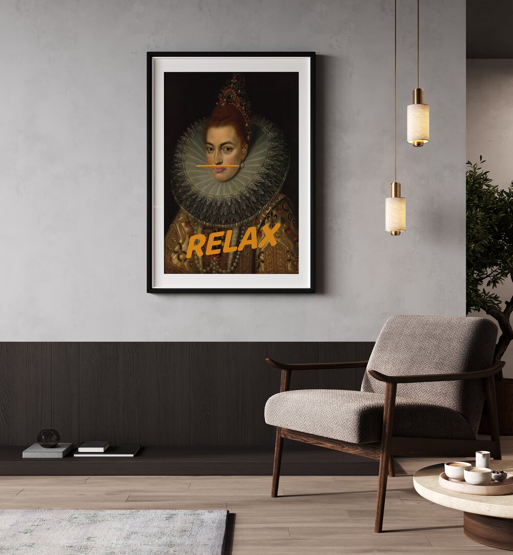 Relax by the Art Concept Altered Art Prints in Black Frame With Mount placed on a wall beside a sofa