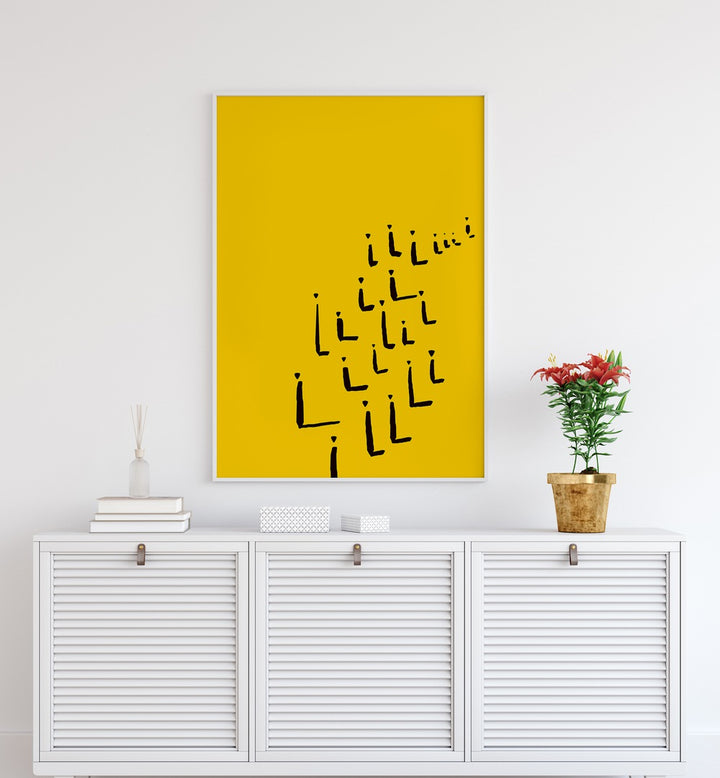 Religion By Uma Gokhale Abstract Paintings in White Plain Frame on a white wall above a console table