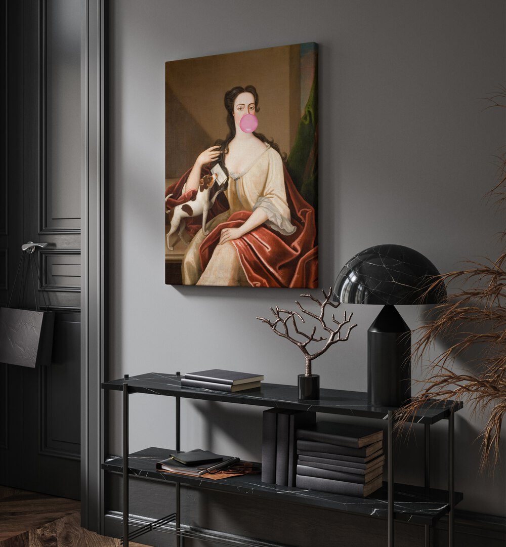 Renaissance Bubble Gum Portrait and Dog by the Art Concept Altered Art Prints in Gallery Wrap placed on a wall behind a table and beside a door