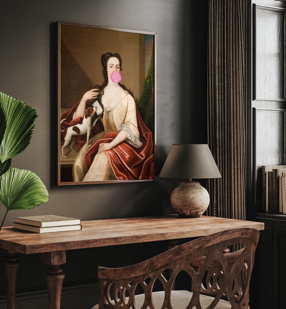 Renaissance Bubble Gum Portrait and Dog by the Art Concept Altered Art Prints in Dark Wood Plain Frame placed on a wall above a study table