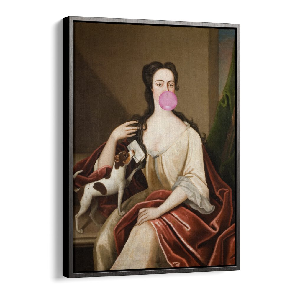 Renaissance Bubble Gum Portrait and Dog by the Art Concept Altered Art Prints in Black Floater Frame