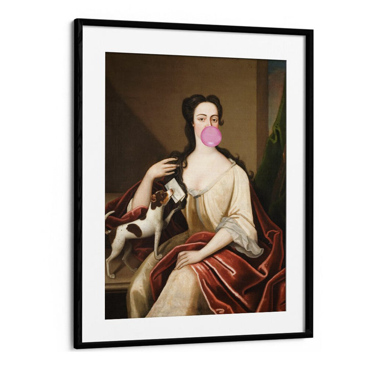 Renaissance Bubble Gum Portrait and Dog by the Art Concept Altered Art Prints in Black Frame With Mount