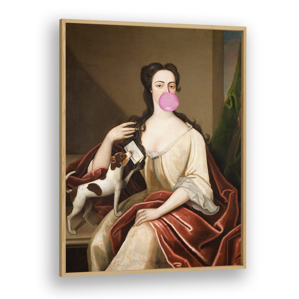 Renaissance Bubble Gum Portrait and Dog by the Art Concept Altered Art Prints in Oak Wood Plain Frame