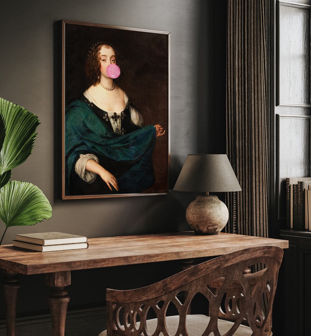 Renaissance Bubble Gum by the Art Concept Altered Art Prints in Dark Wood Plain Frame placed on a wall behind a study table