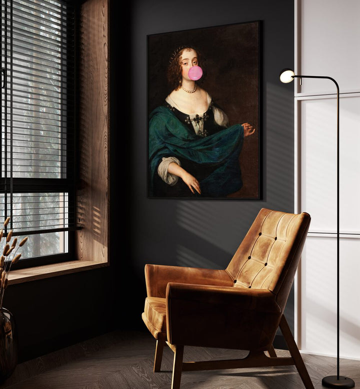 Renaissance Bubble Gum by the Art Concept Altered Art Prints in Black Plain Frame placed on a wall beside an orange sofa