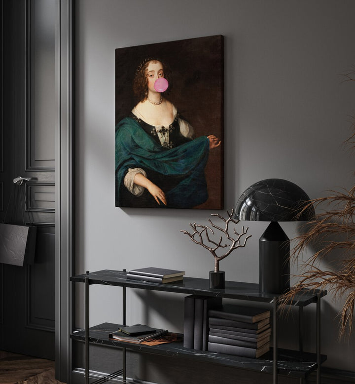 Renaissance Bubble Gum by the Art Concept Altered Art Prints in Gallery Wrap placed on a wall behind a table and beside a door