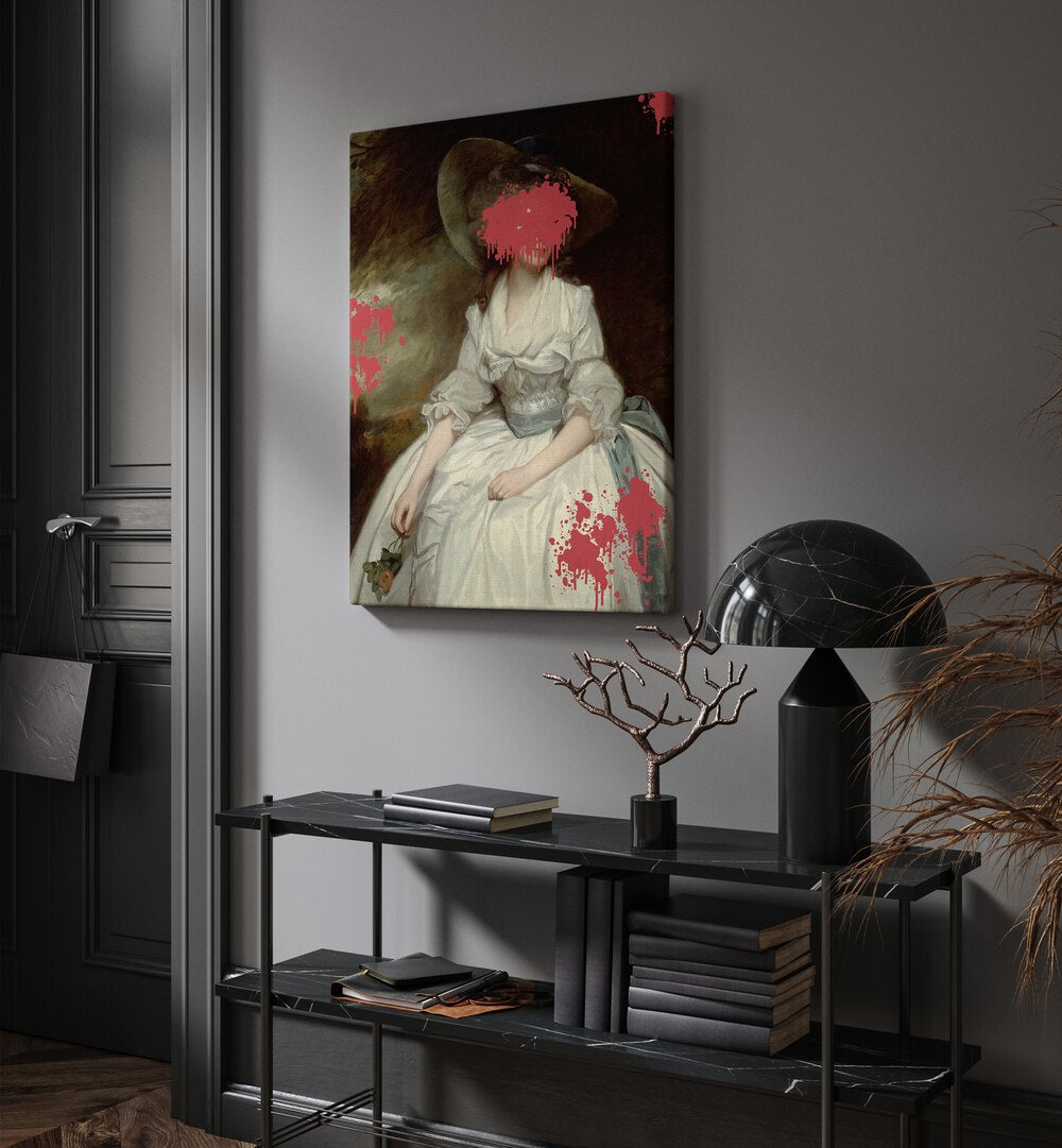 Renaissance Red Splash by the Art Concept Altered Art Prints in Gallery Wrap placed on a wall behind a table and beside a door