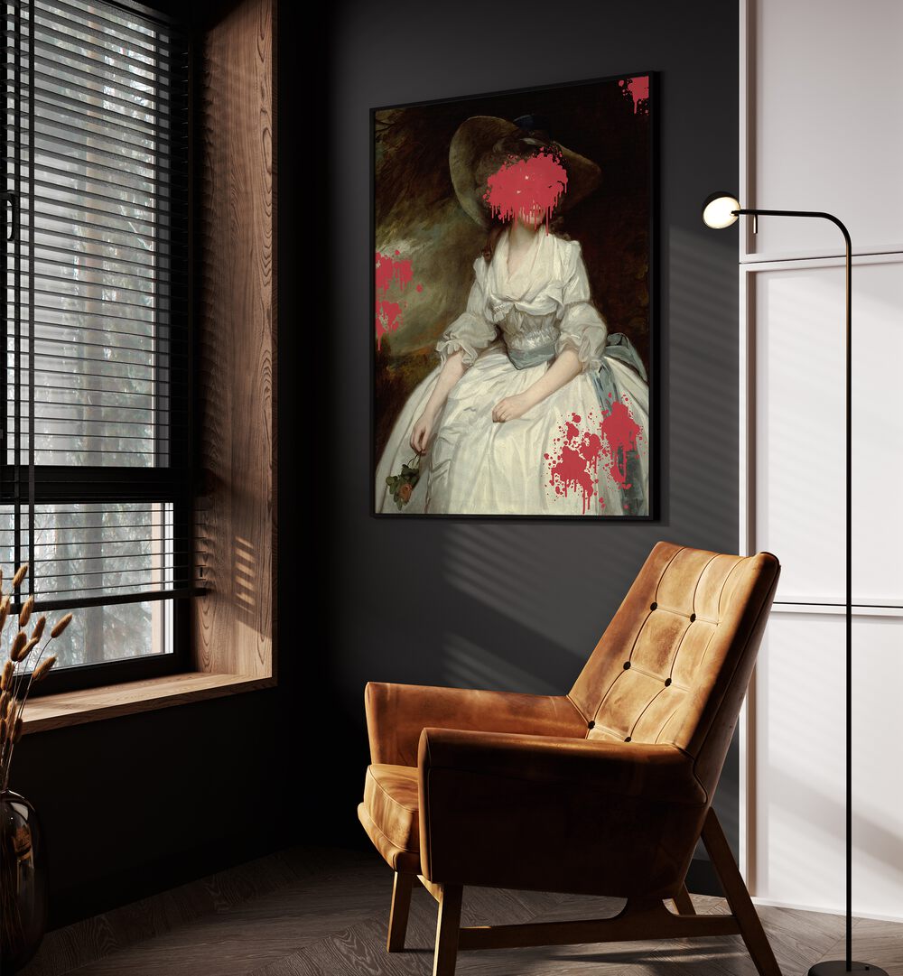 Renaissance Red Splash by the Art Concept Altered Art Prints in Black Plain Frame placed on a wall beside an orange sofa