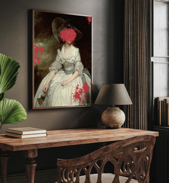 Renaissance Red Splash by the Art Concept Altered Art Prints in Dark Wood Plain Frame placed on a wall behind a study table 