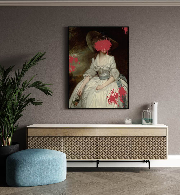 Renaissance Red Splash by the Art Concept Altered Art Prints in Black Plain Frame placed on a wall behind a console table