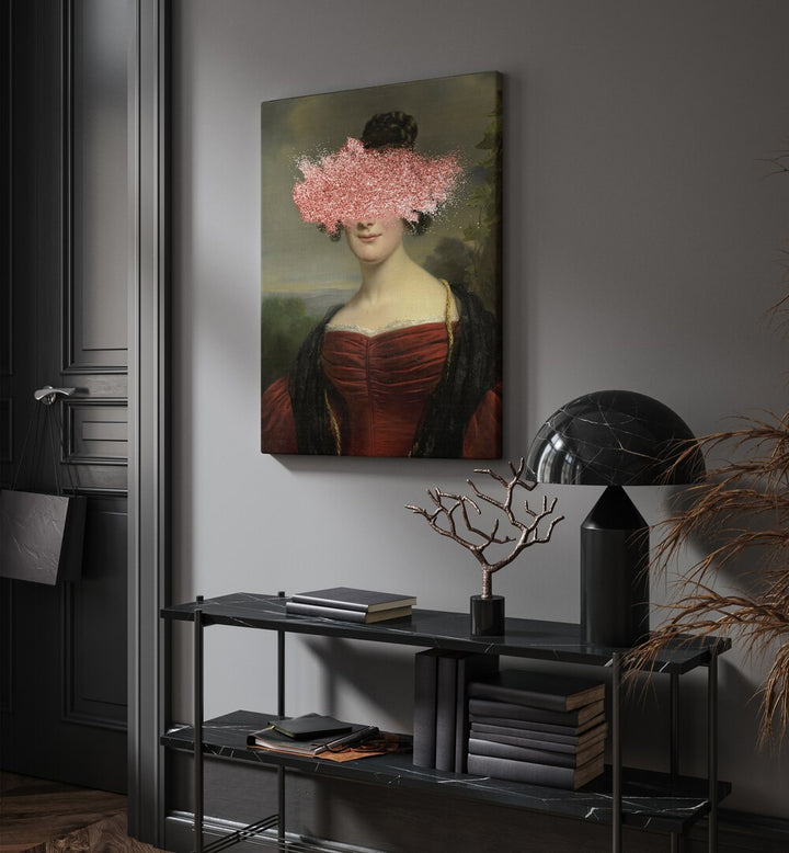 Renaissance Sparkle Splash by the Art Concept Altered Art Prints in Gallery Wrap placed on a wall behind a table and beside a door 