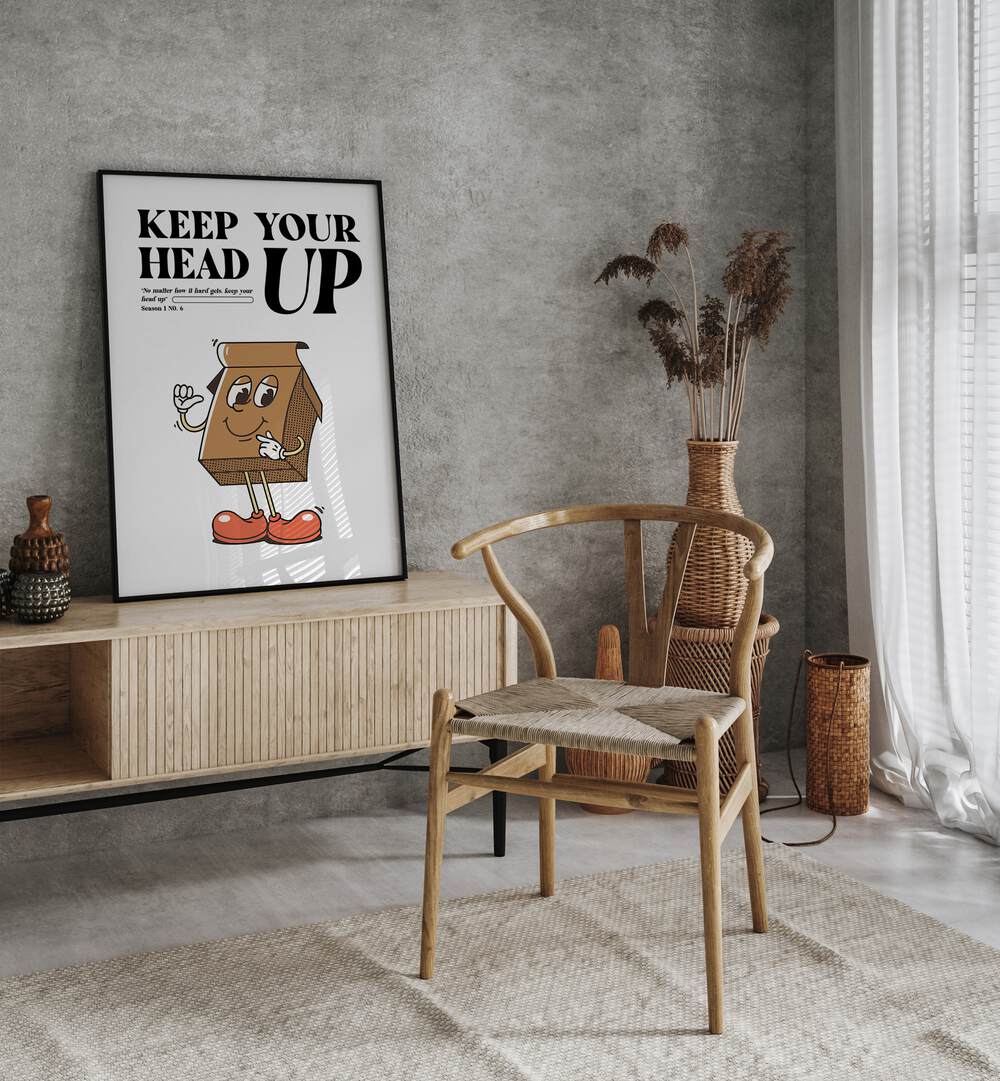 Resilience Rising: Keep Your Head Up Quotes and Typography Posters in Black Plain Frame placed on a wall behind a console table